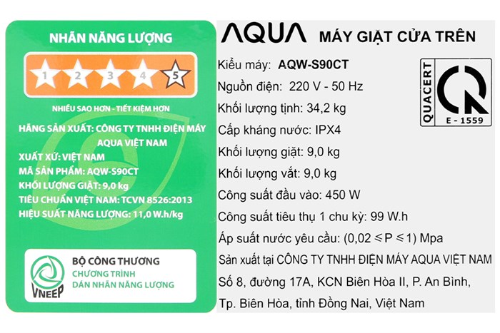 Máy giặt Aqua Lồng đứng 9 kg AQW-S90CT S